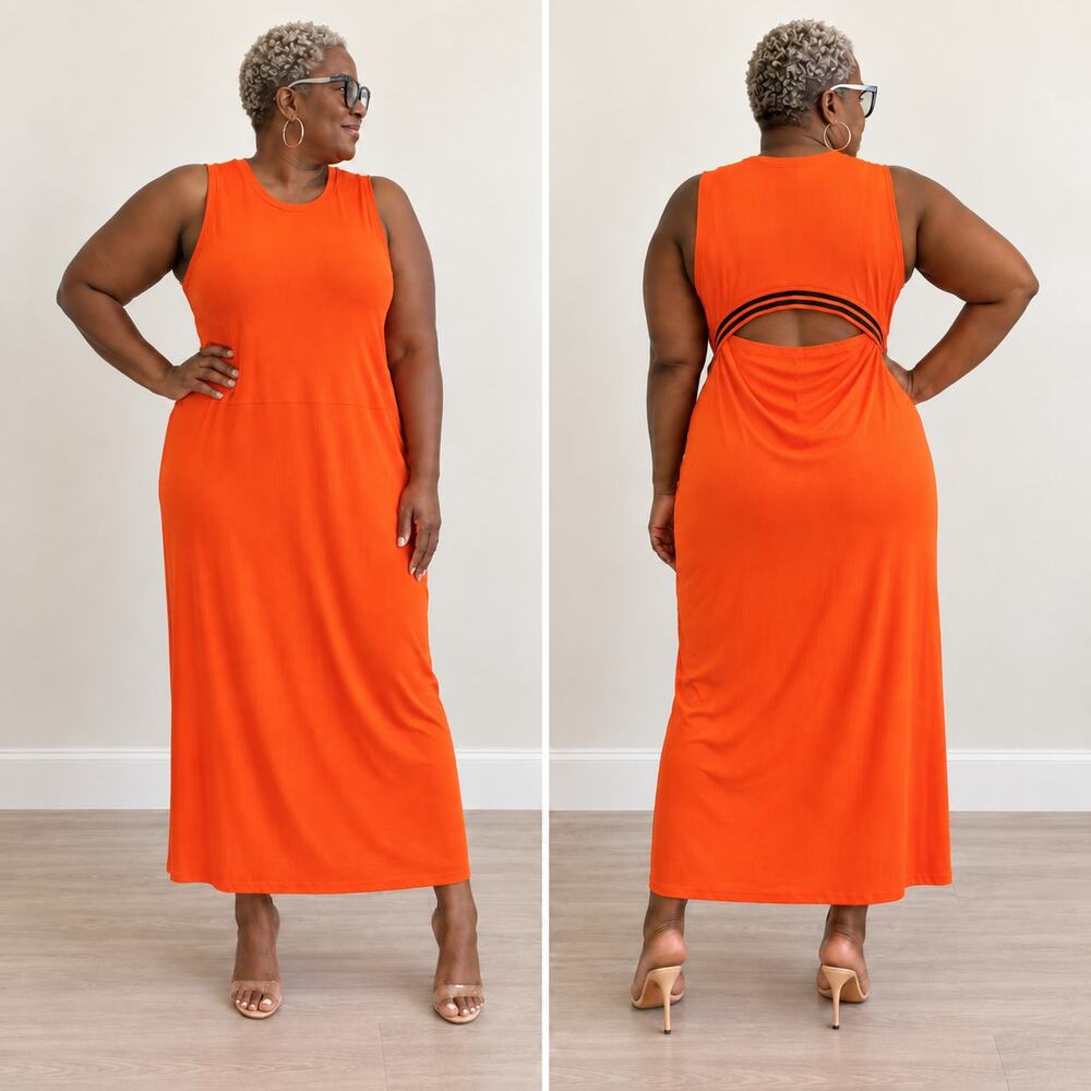 Future Collective Kahlana Barfield Brown Orange Ribbed Cutout Back Dress Plus 2X